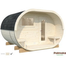 Fasssauna aus Holz mit Fenster und Tür