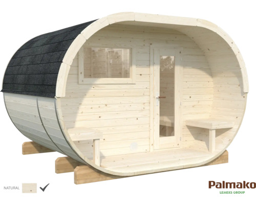 Fasssauna aus Holz mit Fenster und Tür