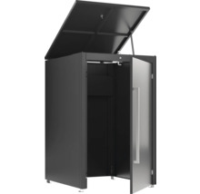 Geräteschrank mit geöffneter Tür und geöffnetem Deckel zur Aufbewahrung von Gartengeräten und Werkzeugen.