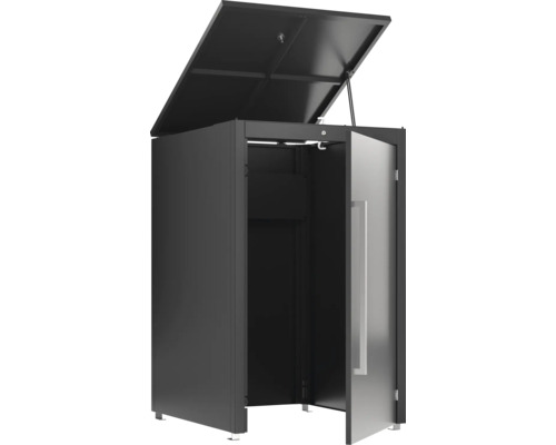 Geräteschrank mit geöffneter Tür und geöffnetem Deckel zur Aufbewahrung von Gartengeräten und Werkzeugen.