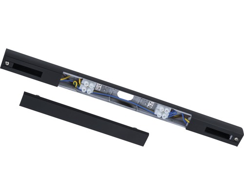 Schwarze Stromschiene mit geöffnetem Gehäuse zur Ansicht der Verkabelung