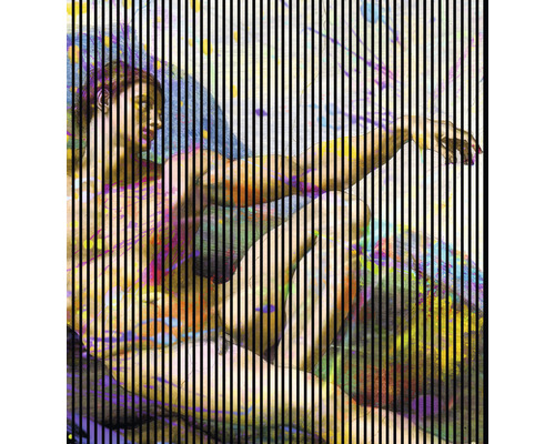 Akustikpaneel digital bedruckt Michelangelo 2 2400 x 2253 x 19 mm Gemälde einer menschlichen Figur, unterbrochen von vertikalen Linien.