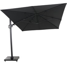 Freiarm-Sonnenschirm mit quadratischem Schirmdach und Standfuß mit Rollen