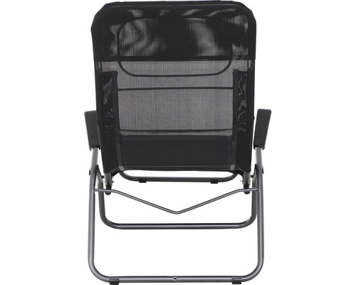 Gartensessel mit schwarzem Netzstoffbezug und Stahlrahmen, Ansicht von hinten.