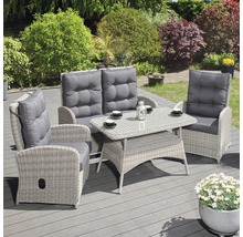 Gartenmöbelset mit Tisch, Stühlen und Bank mit Polstern auf einer Terrasse