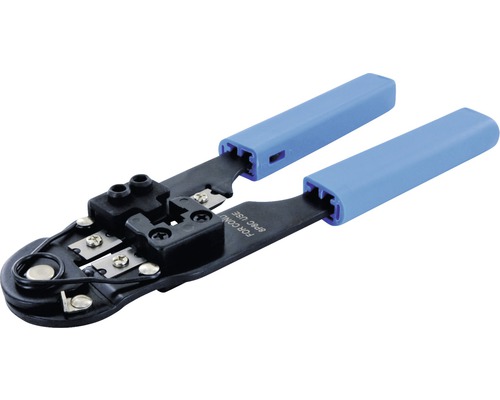 Crimpzange mit blauen Griffen zum Schneiden und Abisolieren von Kabeln