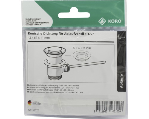 Konische Dichtung für Ablaufventil 1 1/2 Zoll, 43 x 67 x 11 Millimeter