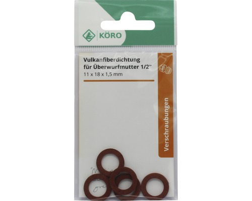 KÖRO Vulkanfiberdichtung für Überwurfmutter, Größe 1/2 Zoll, 11 x 18 x 1,5 Millimeter, für Verschraubungen