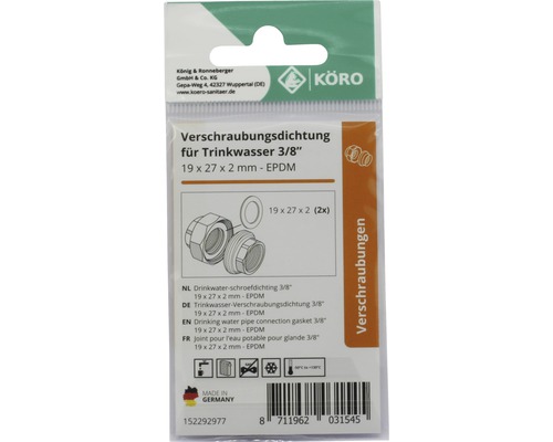 Trinkwasser Verschraubungsdichtung 3/8 Zoll, 19 x 27 x 2 Millimeter, EPDM
