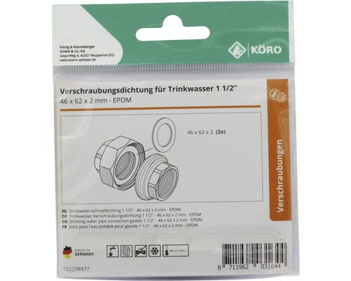 Trinkwasser Verschraubungsdichtung 1 1/2 Zoll, 46 x 62 x 2 mm, EPDM