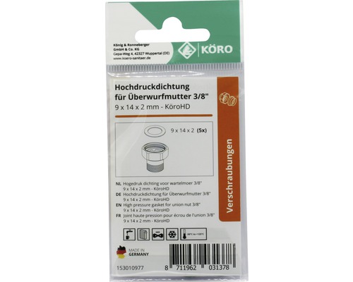 Köro Hochdruckdichtung für Überwurfmutter 3/8 Zoll, 9x14x2 Millimeter
