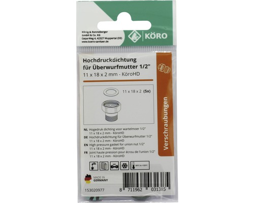 Hochdruckdichtung für Überwurfmutter 1/2 Zoll, 11 x 18 x 2 mm, Verpackung
