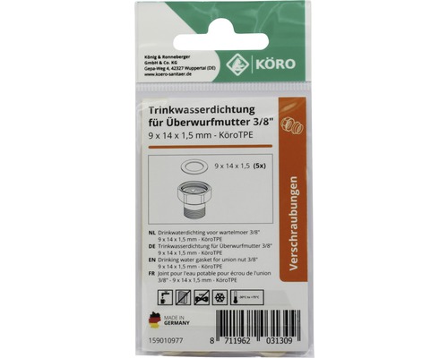 Trinkwasserdichtung für Überwurfmutter, 3/8 Zoll, 9 x 14 x 1,5 mm