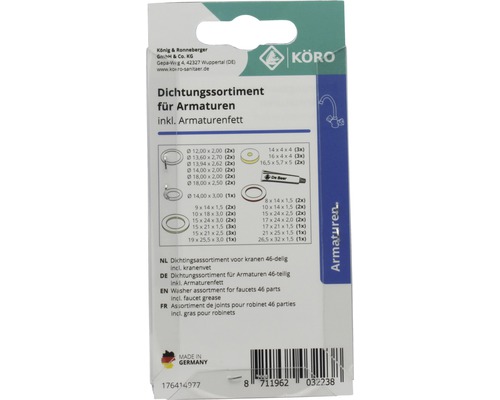 Dichtungssortiment für Armaturen inklusive Armaturenfett, 46-teilig