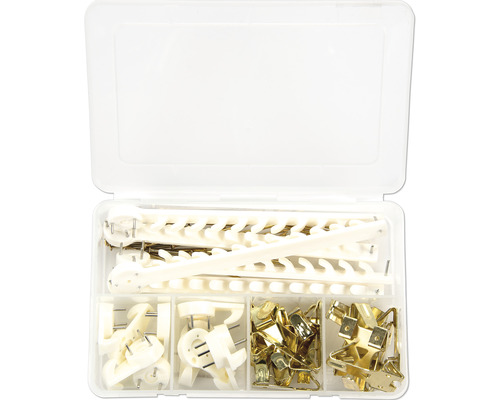 Sortiment verschiedener Bilderhaken und Aufhänger in transparenter Kunststoffbox