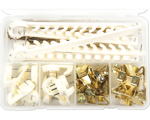 Sortiment mit Bilderhaken und Aufhängern in einer transparenten Aufbewahrungsbox