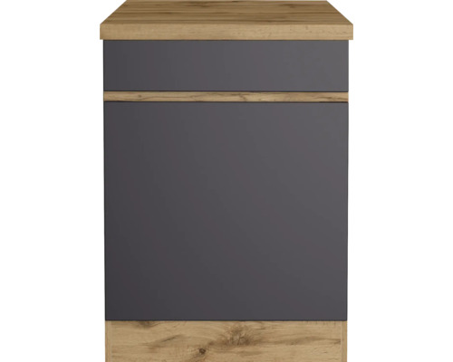 Frontansicht eines grauen Badezimmerschranks mit Holzstruktur