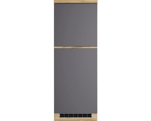 Grauer Küchenschrank mit Holzrahmen und integriertem Lüftungsgitter