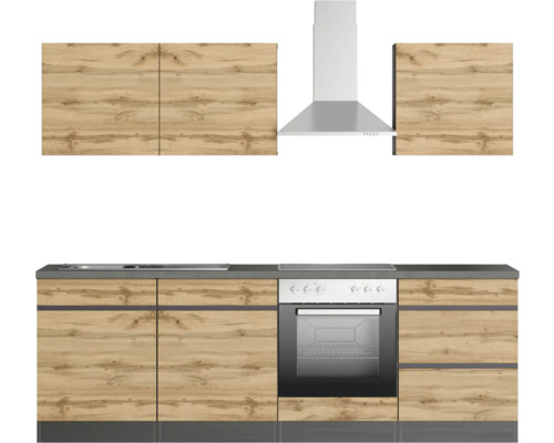 Küchenzeile mit Hängeschränken, Dunstabzugshaube, Herd und Spüle