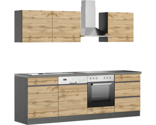 Küchenzeile mit Ober- und Unterschränken, Herd, Spülmaschine und Dunstabzugshaube