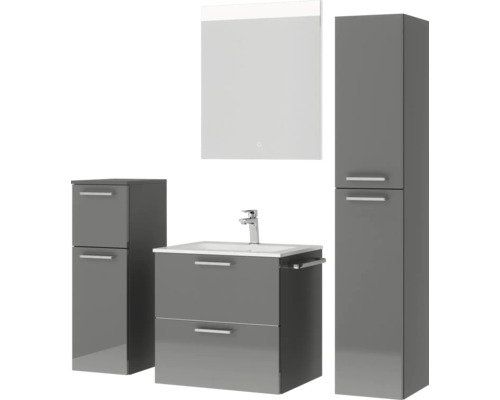 Graues Badezimmerset mit Waschtisch, Spiegelschrank und Hochschrank
