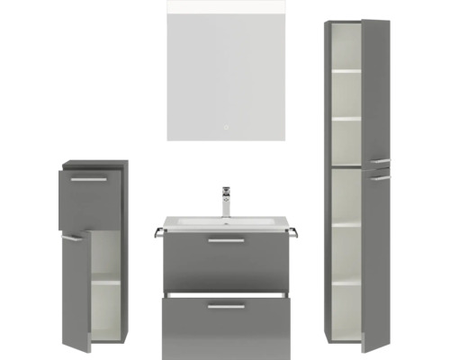 Komplette Badezimmereinrichtung mit Waschtischunterschrank, Spiegelschrank und Hochschrank