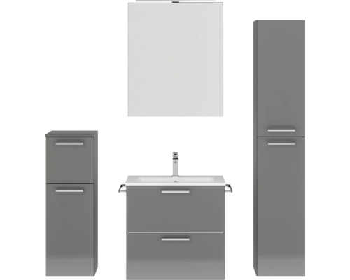 Badmöbel-Set NOBILIA Programm 2 BxHxT 140 x 169,1 x 48,7 cm Frontfarbe grau hochglanz mit Möbel-Waschtisch und Spiegelschrank 1-türig mit LED-Beleuchtung Unterschrank Midischrank Griff chrom matt 197 Badezimmerset mit Waschtisch, Spiegelschrank und Hochschränken