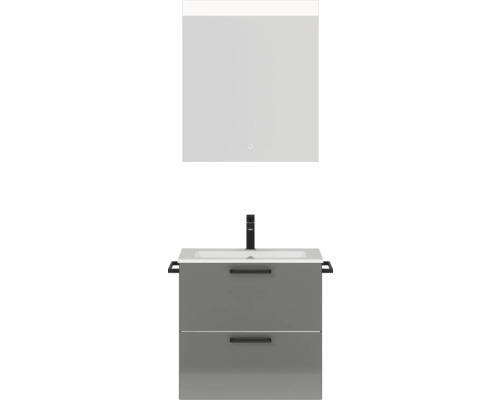 Badmöbel-Set NOBILIA Programm 2 BxHxT 61 x 169,1 x 48,7 cm Frontfarbe grau hochglanz Badmöbelset 2-teilig mit Waschtisch Mineralmarmor weiß und Waschtischunterschrank Mineralguss-Waschtisch Spiegel mit LED-Beleuchtung
