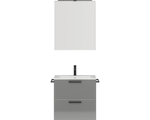 Badmöbel-Set NOBILIA Programm 2 BxHxT 61 x 169,1 x 48,7 cm Frontfarbe grau hochglanz mit Möbel-Waschtisch und Spiegelschrank 1-türig mit LED-Beleuchtung Griff schwarz 180 Badezimmerset mit Waschbeckenunterschrank, Waschtisch und Spiegel