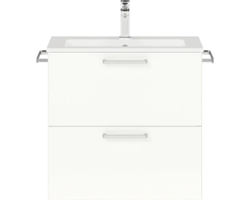 Badmöbel-Set NOBILIA Programm 2 BxHxT 61 x 59,1 x 48,7 cm Frontfarbe weiß hochglanz mit Möbel-Waschtisch Griff chrom matt 163 Waschtischunterschrank mit zwei Schubladen, Waschbecken und Armatur