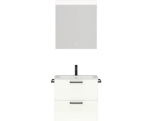 Badmöbel-Set NOBILIA Programm 2 BxHxT 61 x 169,1 x 48,7 cm Frontfarbe weiß hochglanz Badmöbelset 2-teilig mit Waschtisch Mineralmarmor weiß und Waschtischunterschrank Mineralguss-Waschtisch Spiegel mit LED-Beleuchtung