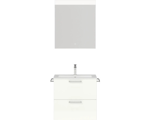 Badmöbel-Set NOBILIA Programm 2 BxHxT 61 x 169,1 x 48,7 cm Frontfarbe weiß hochglanz mit Möbel-Waschtisch weiß und Spiegel mit LED-Beleuchtung Griff chrom matt 171