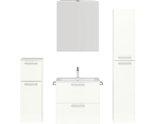 Badmöbel-Set NOBILIA Programm 2 BxHxT 140 x 169,1 x 48,7 cm Frontfarbe weiß hochglanz mit Möbel-Waschtisch und Spiegelschrank 1-türig mit LED-Beleuchtung Unterschrank Midischrank Griff chrom matt 195 Badezimmerset mit Waschbeckenunterschrank, Spiegelschrank und Hochschränken