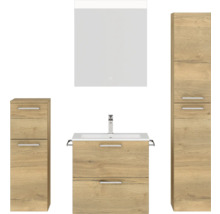 Badmöbel-Set NOBILIA Programm 2 BxHxT 140 x 169,1 x 48,7 cm Frontfarbe eiche natur mit Möbel-Waschtisch weiß und Spiegel mit LED-Beleuchtung Midischrank Unterschrank Griff chrom matt 191