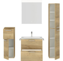 Badmöbel-Set NOBILIA Programm 2 BxHxT 140 x 169,1 x 48,7 cm Frontfarbe eiche natur mit Möbel-Waschtisch weiß und Spiegel mit LED-Beleuchtung Midischrank Unterschrank Griff chrom matt 191