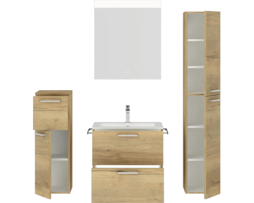Badezimmer-Set mit Waschtischunterschrank, Waschbecken, Spiegelschrank und Hochschrank im modernen Design