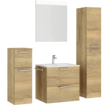 Badmöbel-Set NOBILIA Programm 2 BxHxT 140 x 169,1 x 48,7 cm Frontfarbe eiche natur mit Möbel-Waschtisch weiß und Spiegel mit LED-Beleuchtung Midischrank Unterschrank Griff chrom matt 191