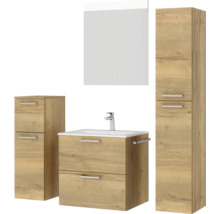 Badmöbel-Set NOBILIA Programm 2 BxHxT 140 x 169,1 x 48,7 cm Frontfarbe eiche natur mit Möbel-Waschtisch weiß und Spiegel mit LED-Beleuchtung Midischrank Unterschrank Griff chrom matt 191