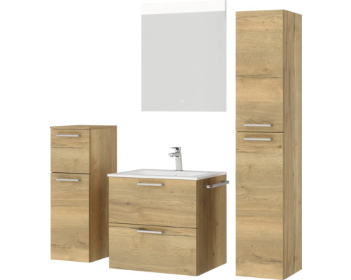 Badezimmer-Set mit Waschtischunterschrank, Waschbecken, Spiegelschrank und Hochschrank in Holzoptik