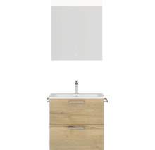 Badmöbel-Set NOBILIA Programm 2 BxHxT 61 x 169,1 x 48,7 cm Frontfarbe eiche natur mit Möbel-Waschtisch weiß und Spiegel mit LED-Beleuchtung Griff chrom matt 175