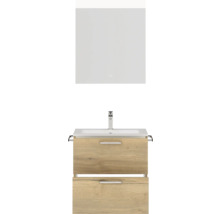 Badmöbel-Set NOBILIA Programm 2 BxHxT 61 x 169,1 x 48,7 cm Frontfarbe eiche natur mit Möbel-Waschtisch weiß und Spiegel mit LED-Beleuchtung Griff chrom matt 175