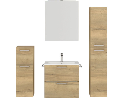 Badmöbel-Set NOBILIA Programm 2 BxHxT 140 x 169,1 x 48,7 cm Frontfarbe eiche natur mit Möbel-Waschtisch und Spiegelschrank 1-türig mit LED-Beleuchtung Unterschrank Midischrank Griff chrom matt 199 Badezimmerset mit Waschtischunterschrank, Waschtisch, Spiegelschrank und Hochschränken