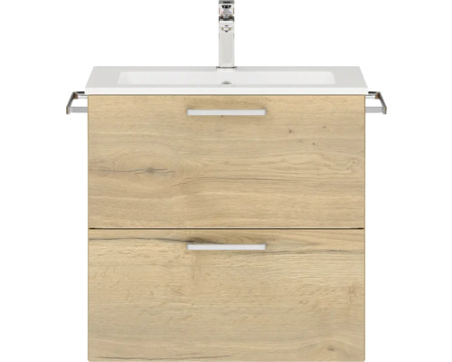 Badmöbel-Set NOBILIA Programm 2 BxHxT 61 x 59,1 x 48,7 cm Frontfarbe eiche natur mit Möbel-Waschtisch weiß Griff chrom matt 167 Waschtischunterschrank mit zwei Schubladen und Handtuchhalter
