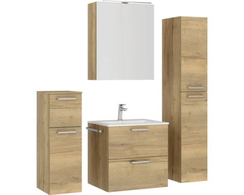 Badezimmerset mit Waschtischunterschrank, Waschbecken, Spiegelschrank und Hochschrank