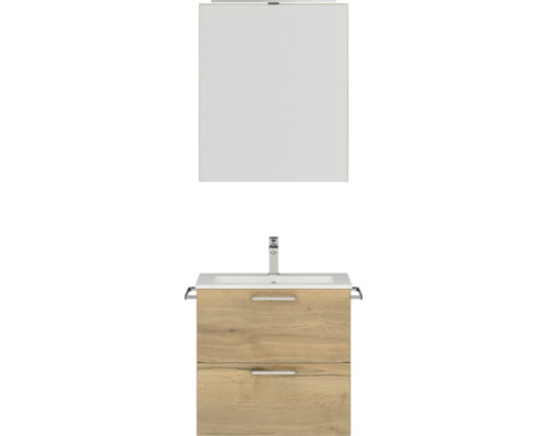 Badmöbel-Set NOBILIA Programm 2 BxHxT 61 x 169,1 x 48,7 cm Frontfarbe eiche natur mit Möbel-Waschtisch und Spiegelschrank 1-türig mit LED-Beleuchtung Griff chrom matt 183 Badezimmermöbel-Set mit Waschtischunterschrank, Waschbecken und Spiegel