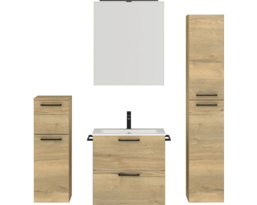 Badmöbel-Set NOBILIA Programm 2 BxHxT 140 x 169,1 x 48,7 cm Frontfarbe eiche natur mit Möbel-Waschtisch und Spiegelschrank 1-türig mit LED-Beleuchtung Unterschrank Midischrank Griff schwarz 198 Badezimmerset mit Waschbecken, Unterschrank, Spiegelschrank und Hochschrank in Holzoptik