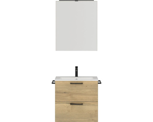 Badmöbel-Set NOBILIA Programm 2 BxHxT 61 x 169,1 x 48,7 cm Frontfarbe eiche natur mit Möbel-Waschtisch und Spiegelschrank 1-türig mit LED-Beleuchtung Griff schwarz 182 Waschtisch mit Spiegel und Unterschrank mit zwei Schubladen