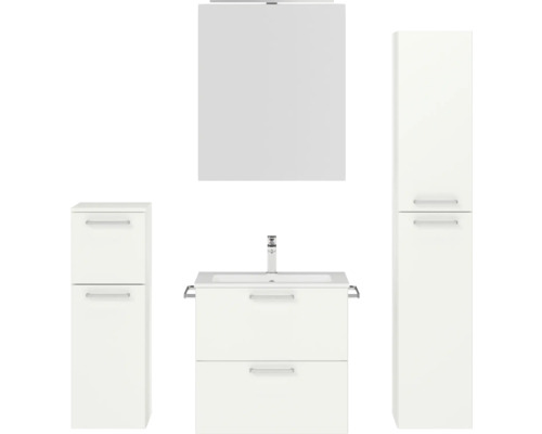 Badmöbel-Set NOBILIA Programm 2 BxHxT 140 x 169,1 x 48,7 cm Frontfarbe weiß matt mit Möbel-Waschtisch und Spiegelschrank 1-türig mit LED-Beleuchtung Unterschrank Midischrank Griff chrom matt 193 Badezimmerset mit Waschtisch, Spiegelschrank und Hochschrank