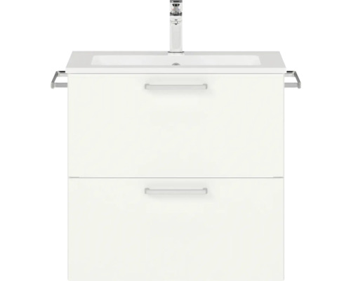 Badmöbel-Set NOBILIA Programm 2 BxHxT 61 x 59,1 x 48,7 cm Frontfarbe weiß matt mit Möbel-Waschtisch Griff chrom matt 161 Waschtischunterschrank mit zwei Schubladen, Waschtisch und Armatur