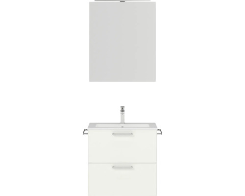 Badmöbel-Set NOBILIA Programm 2 BxHxT 61 x 169,1 x 48,7 cm Frontfarbe weiß matt mit Möbel-Waschtisch und Spiegelschrank 1-türig mit LED-Beleuchtung Griff chrom matt 177 Waschtischunterschrank mit zwei Schubladen, Waschbecken und Spiegel für das Badezimmer